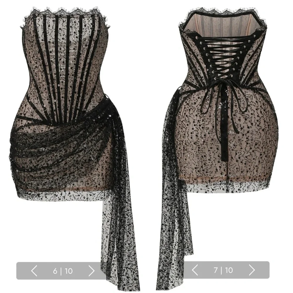 Heiress Black Sequin Corset Draped Mini Dress size small - Picture 3 of 10